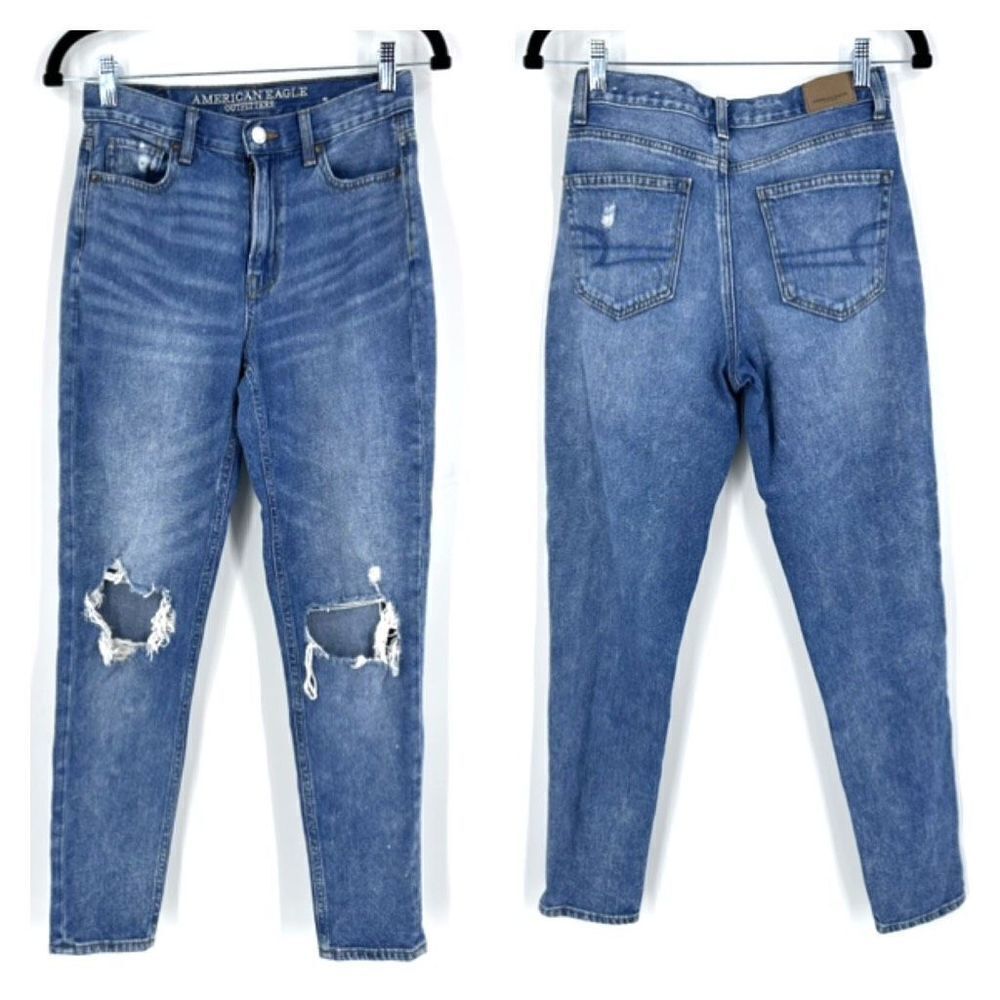 American Eagle Outfitter Womens Distressed Mom Jeans Blue Denim Acid Wash Size 0